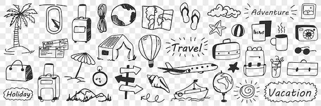 Vacations and adventure doodle set. Collection of hand drawn traveling attributes holidays plane tickets balloon globe camping suitcase sunglasses beach isolated on transparent background