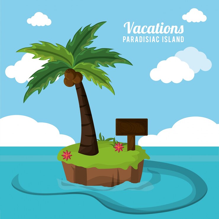 Vector vacations paradisiac island palm coconut flower and wooden board