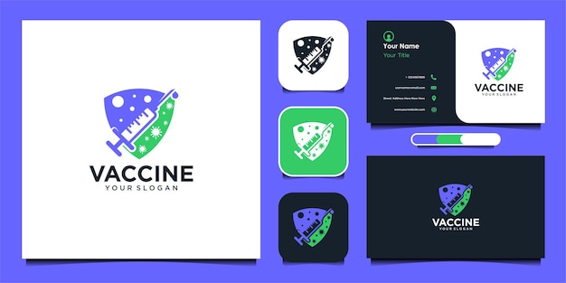 Vector vaccin logo-ontwerp met spuit en visitekaartje