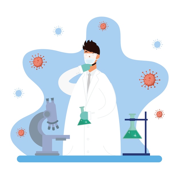 Vaccin onderzoek met mannelijke arts Characterdesign vector illustratie