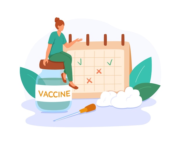 Vector vaccinate concept medic in uniform sitting on big vaccine bottle calendar with vaccination schedule on background cartoon flat vector illustration in blue and green colors