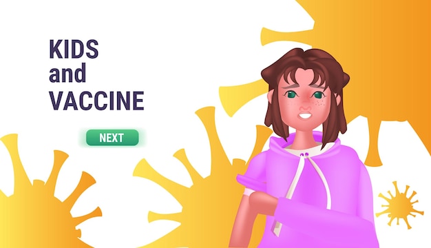 Vector vaccinated girl after vaccine injection successful covid-19 vaccination campaign concept horizontal portrait vector illustration