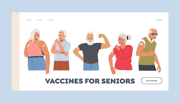 Vaccinated Old People Landing Page Template Positive Senior Characters Show Patch on Shoulder Elderly Immunization
