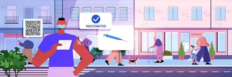 Vector vaccinated people walking outdoor men women after vaccine injection successful covid-19 vaccination concept