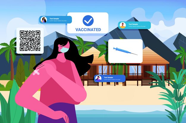 Vaccinated woman traveler after vaccine injection successful covid-19 vaccination summer vacation concept portrait horizontal vector illustration