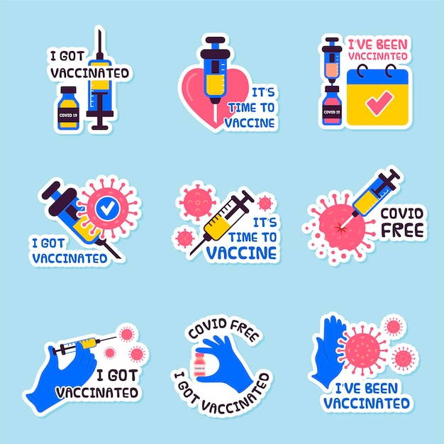 Vaccinatie badges gezondheidszorg aandacht labels geneeskunde preventie symbolen spuit pictogram labels aangekondigd citaten recente vector vaccinatie concept