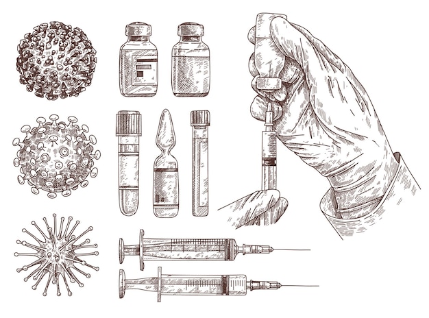 Vaccinatie coronavirus set handgetekende illustraties.