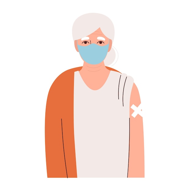 Vaccinatie van de bejaarde oude vrouw met medisch masker met pleister op haar handbescherming van mensen