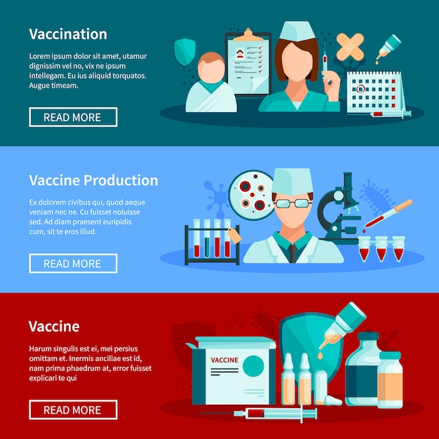 Vaccinatie vlakke horizontale banners met de vaccinatie van vaccinproductie en reeks van klaar om vaccinproducten te gebruiken ontwerpt samenstellingen vectorillustratie