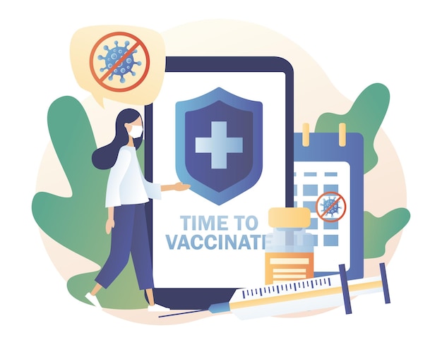Vaccinatieconcept Kleine meisjesdokter met vaccinspuitfles en kalender Tijd om te vaccineren