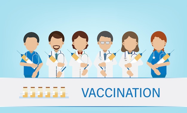 Vaccinatieconcept met doktersgreepspuit met vaccin plat ontwerp vectorillustratie