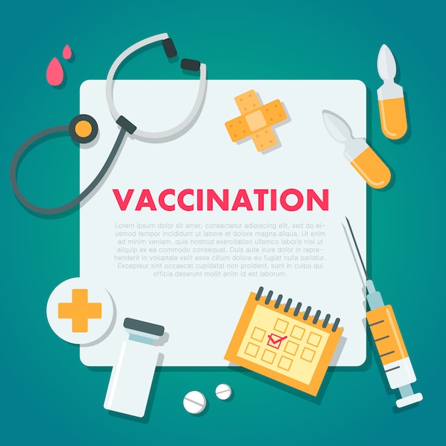 Vaccinatiesjabloon. medisch document met medicijnen en apparatuur.