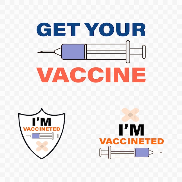 Vettore collezione di design per campagne di vaccinazione. siringa di vaccino con bendaggio. design di conferma vaccinato con siringa e vettore a forma di scudo.