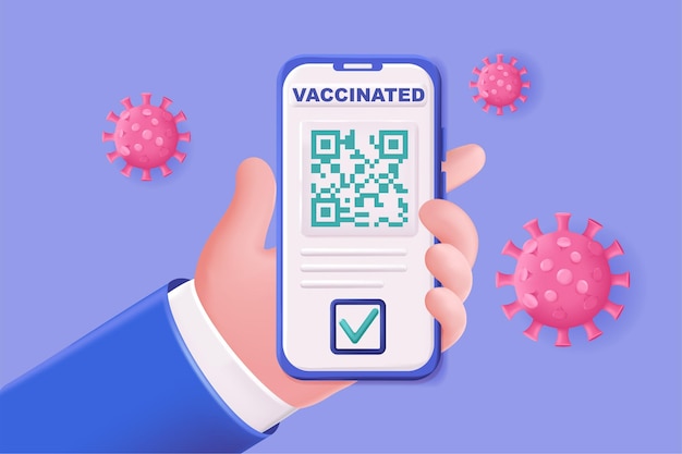 Vaccination certificate concept 3d illustration green certificate of full vaccination in form of qr code on screen of mobile phone immune document vector illustration for modern web banner design