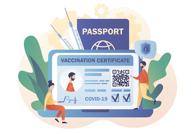 Vaccination certificate online. Vaccine passport. People health passport of vaccination for covid-19