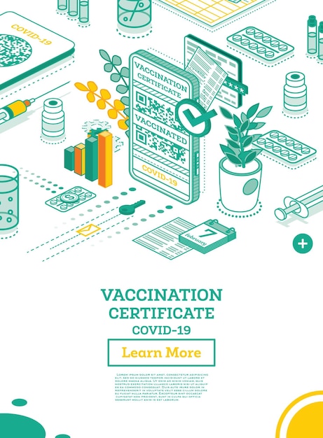 Vaccination certificate on screen of smartphone isometric international certificate of immunization