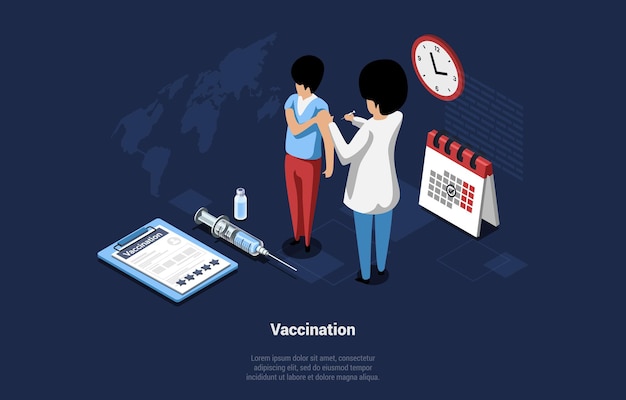 Illustrazione di concetto di vaccinazione in stile cartone animato 3d.
