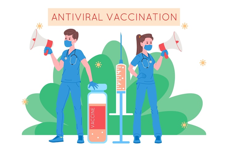 Vaccination concept for immunity health. Vaccine anti Covid-19. Doctors makes an injection of flu vaccine to pacient in hospital and inviting next. Healthcare, coronavirus, prevention and immunize