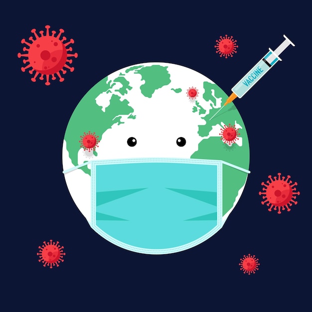 Vaccination covid19 concept decorative with the world wearing face mask and vaccine syringe flat design style vector illustration