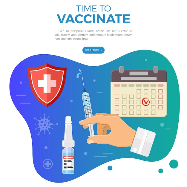 Вектор Вакцинация, диабет, иммунизация баннер с плоскими значками шприц, календарь, щит, бутылка вакцины. векторная иллюстрация