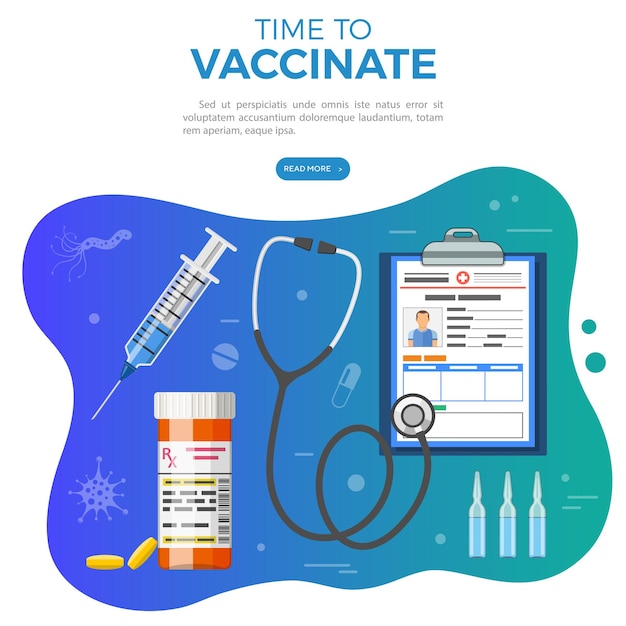 Vaccinazione, diabete, banner di immunizzazione con siringa a icone piatte, fiala di vaccino, pillole. illustrazione vettoriale