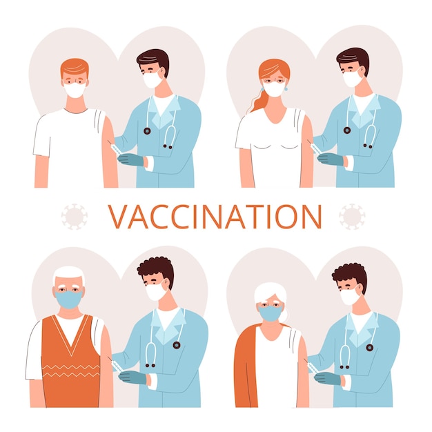 Vector vaccination of different people the doctor puts the vaccine on young and old men and women set of