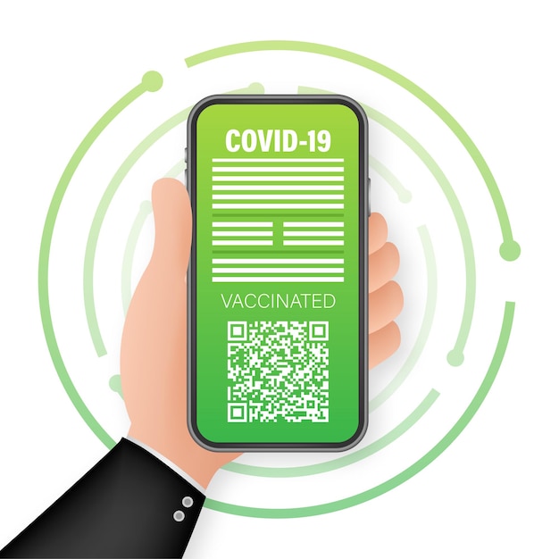 Vettore certificato digitale di vaccinazione su smartphone schermo del telefono con qrcode e pass