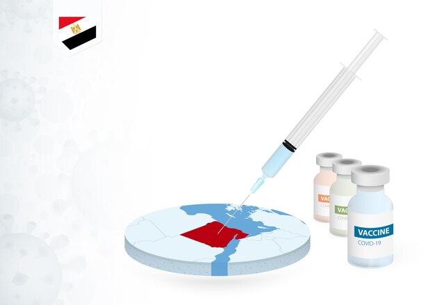 Vector vaccination in egypt with different type of covid-19 vaccine. ð¡oncept with the vaccine injection in the map of egypt.