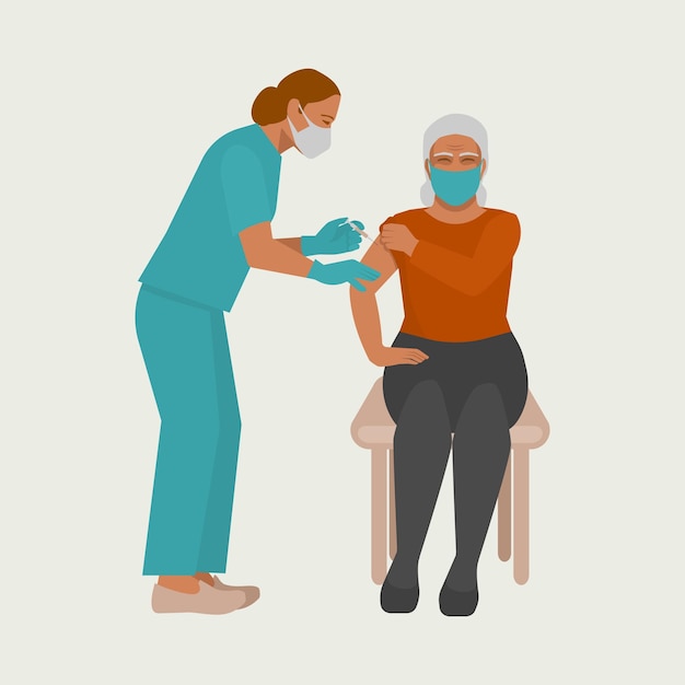 Vaccination of elderly Nurse gives injection of vaccine to elderly woman
