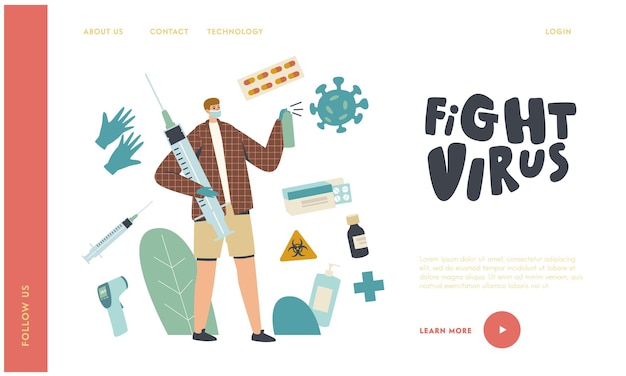 Vaccination, fight with microbes, bacteria landing page template. tiny male character holding huge syringe spraying sanitizer on virus cell. disease protection, treatment. linear vector illustration