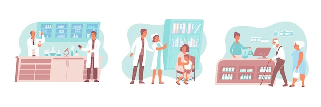 Плоская композиция вакцинации с людьми в лабораторной клинике и аптеке иллюстрации