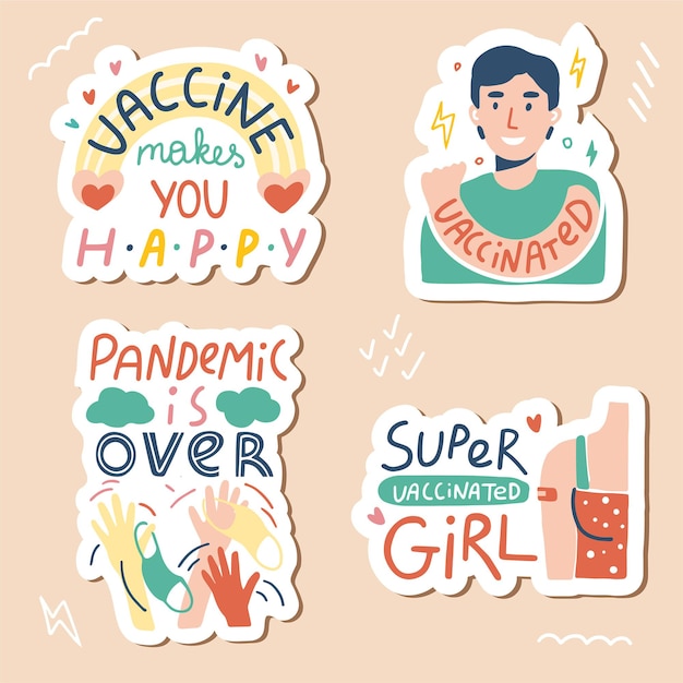 Vaccination hand drawn sticker set with quotesTime to vaccinate conceptLettering about covid19