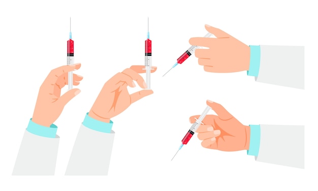 Icone di vaccinazione con la mano del medico e la siringa su bianco