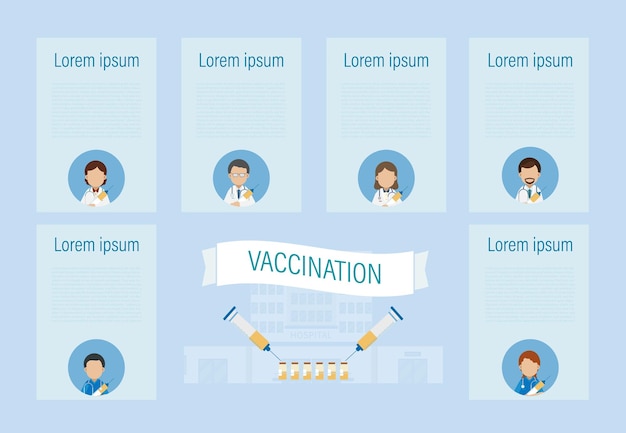 L'infografica sulla vaccinazione con i medici tiene le siringhe con l'illustrazione vettoriale del design piatto del vaccino