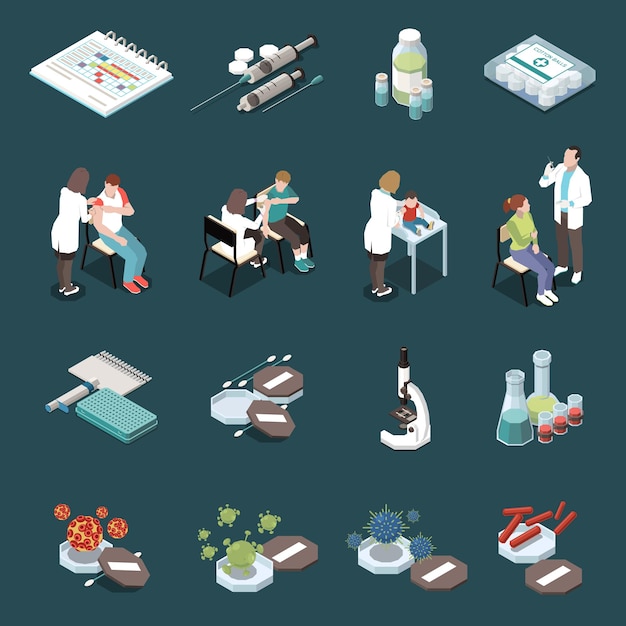 Vaccination isometric icons set of bio materials  primary source of viral diseases  ampoules with vaccine medical equipment isolated vector illustration