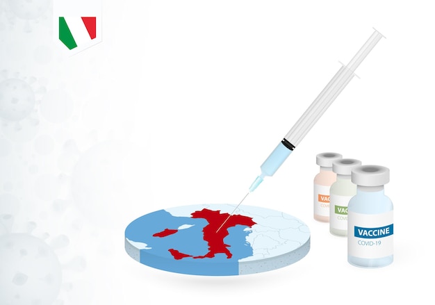 さまざまな種類のCOVID-19ワクチンによるイタリアでのワクチン接種。イタリアの地図でのワクチン注射の概念。