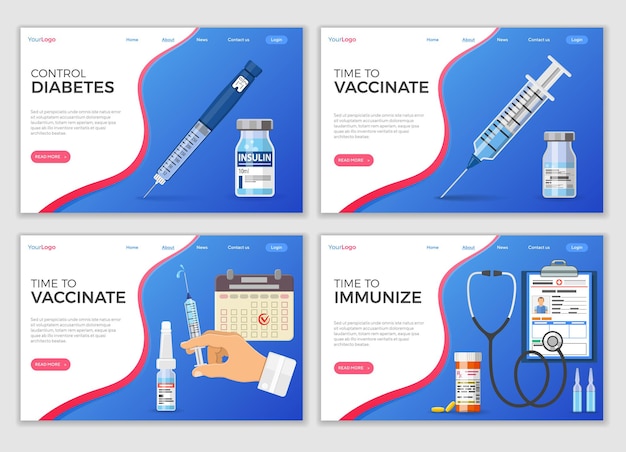 Vaccination landing page template with syringe, insulin pen syringe, insulin bottle, vial vaccine, patient medical card. flat style icon. vector illustration