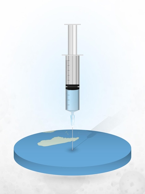 Vector vaccination of mauritius, injection of a syringe into a map of mauritius.