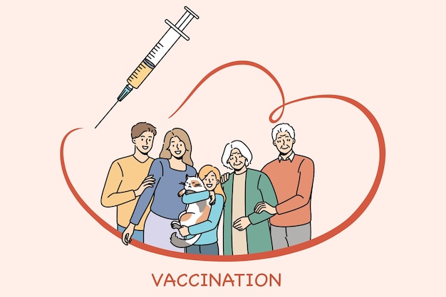 Vaccination and medical protection concept Family with kid child parents and grandparents standing