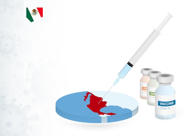 Vaccinazione in messico con diversi tipi di vaccino covid-19. ð¡oncept con l'iniezione del vaccino nella mappa del messico.