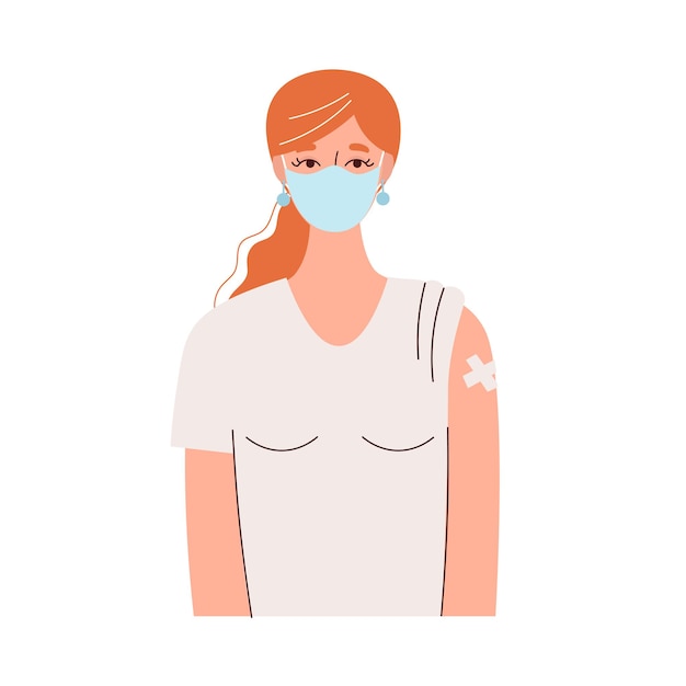 Вакцинация людеймолодая женщина в медицинской маске с бинтом на рукезащита людей