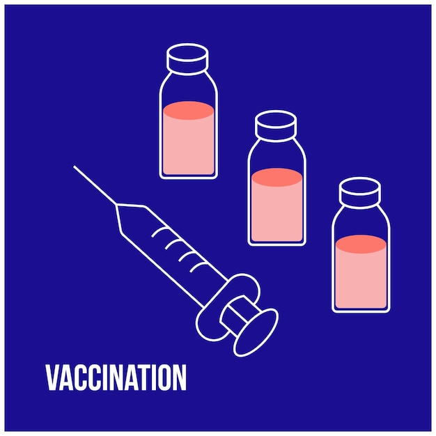 Vaccination of the population. Vaccine vials and syringe. Vector Illustration.