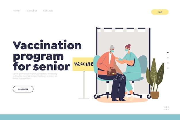 Il programma di vaccinazione per il concetto senior di landing page con la signora anziana viene vaccinato in clinica