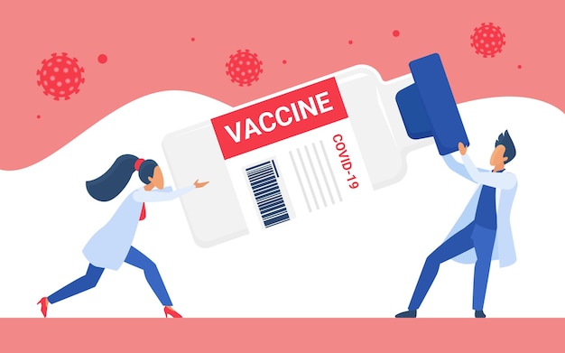 Vaccination protection against coronavirus, medicine healthcare technology. Cartoon man woman doctor holding big vaccine bottle