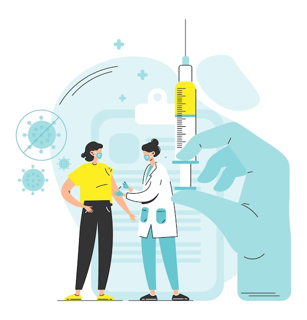 Vector vaccination scene vector illustration with doctor putting injection