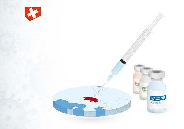 Vaccination in switzerland with different type of covid-19 vaccine. ð¡oncept with the vaccine injection in the map of switzerland.