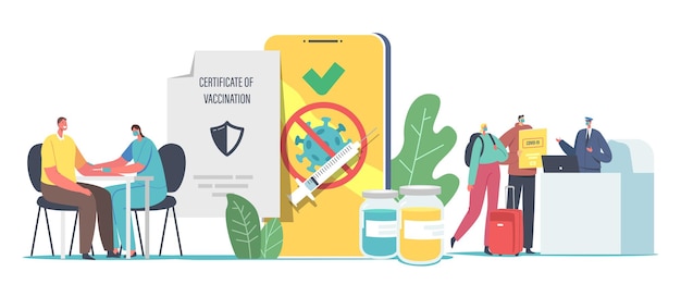 Vaccination for travelers, covid immune medical certificate concept. male and female characters getting vaccine for health passport. people in airport pass registration. cartoon vector illustration