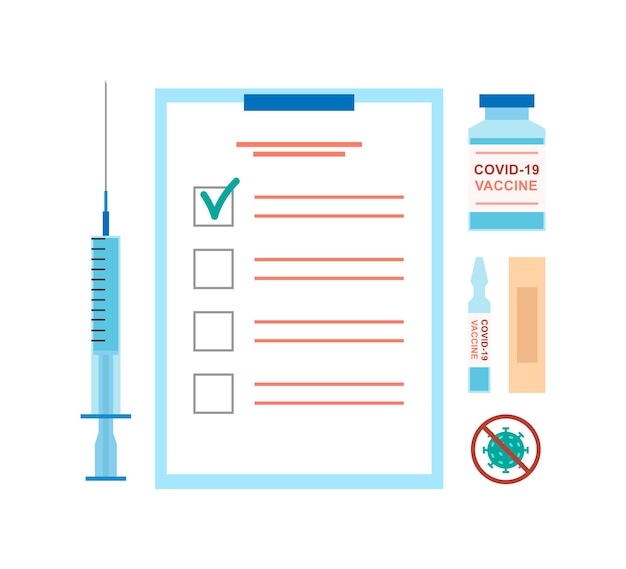 예방 접종 벡터 요소 액체 유리 병 패치와 Covid 기호 중지 주사기