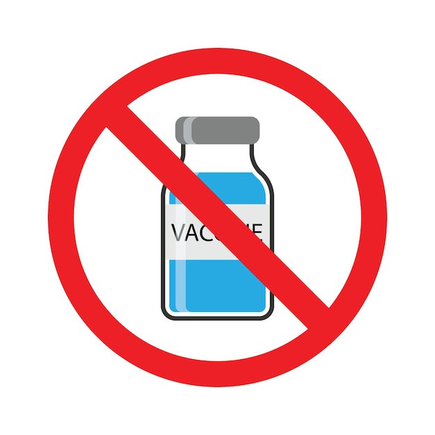 赤い禁止標識の下のワクチン接種バイアル、あなたのデザインのための抗ワクチンシンブ