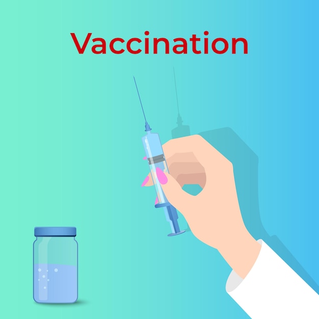 예방접종접종을 하는 주사기를 든 의사의 손치료 및 예방 개념